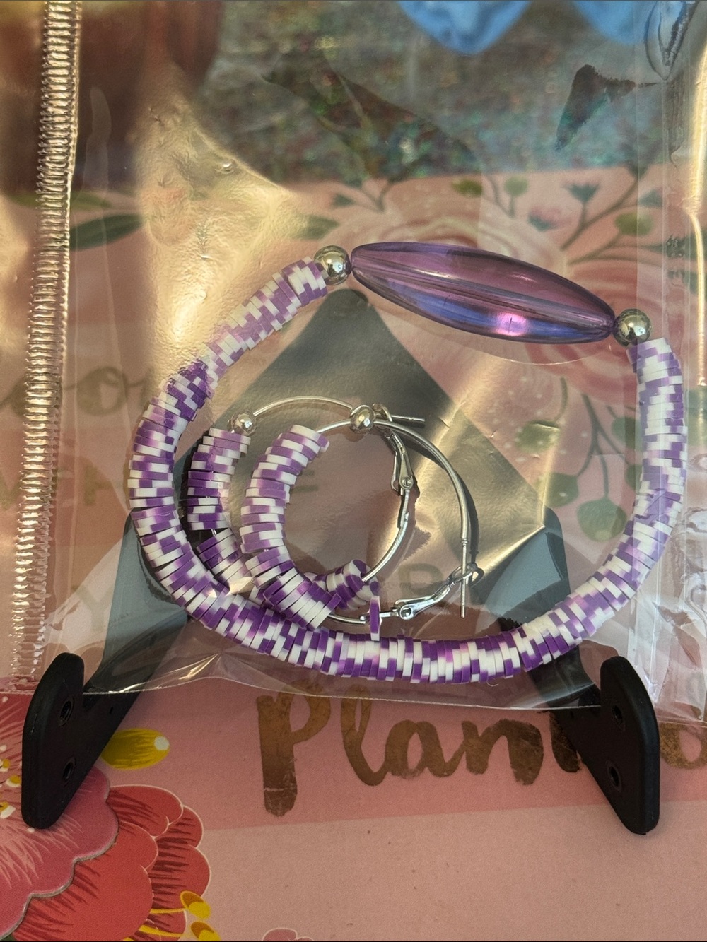 Purple Beaded Stretch Bracelet with Silver Accents - Women's Jewelry